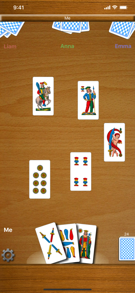 Scopa! - Interfaz de la aplicación del juego de cartas Scopa mostrando una partida con mazos regionales italianos tradicionales sobre una mesa de madera