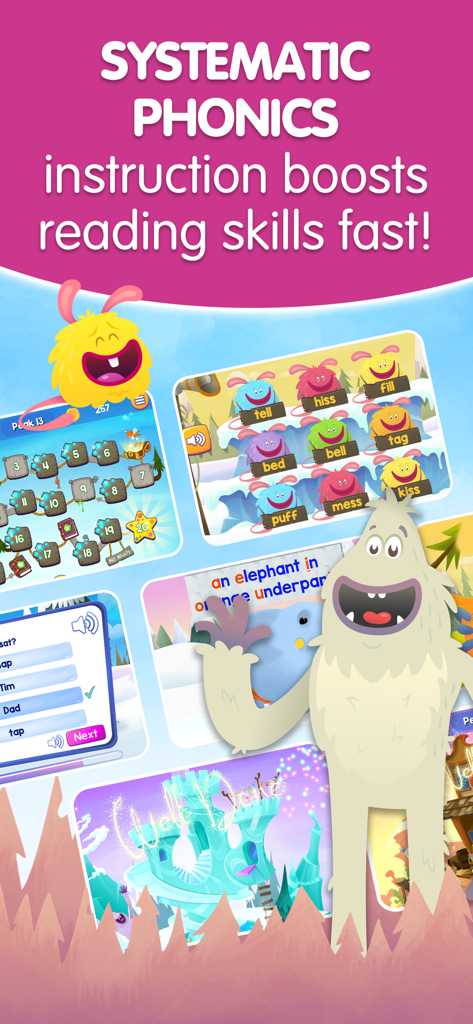 Reading Eggs app showing systematic phonics instruction and interactive reading games for children