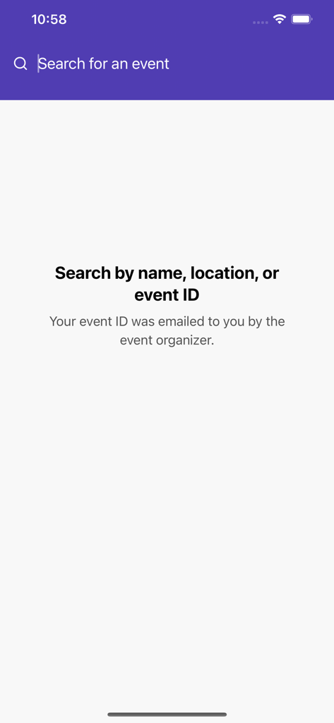 Search screen for the X4 Events app allowing users to find events by name location or event ID