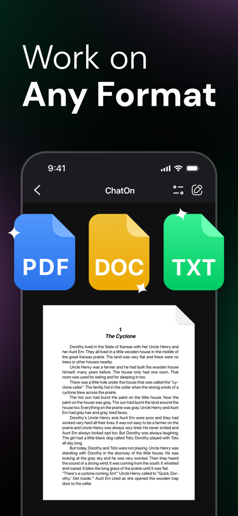 Interfaz de la aplicación móvil ChatOn AI que muestra soporte para archivos PDF, DOC y TXT.