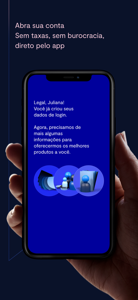 Necton Investimentos - A hand holding a smartphone displaying the digital account opening screen for the Necton Investimentos app.