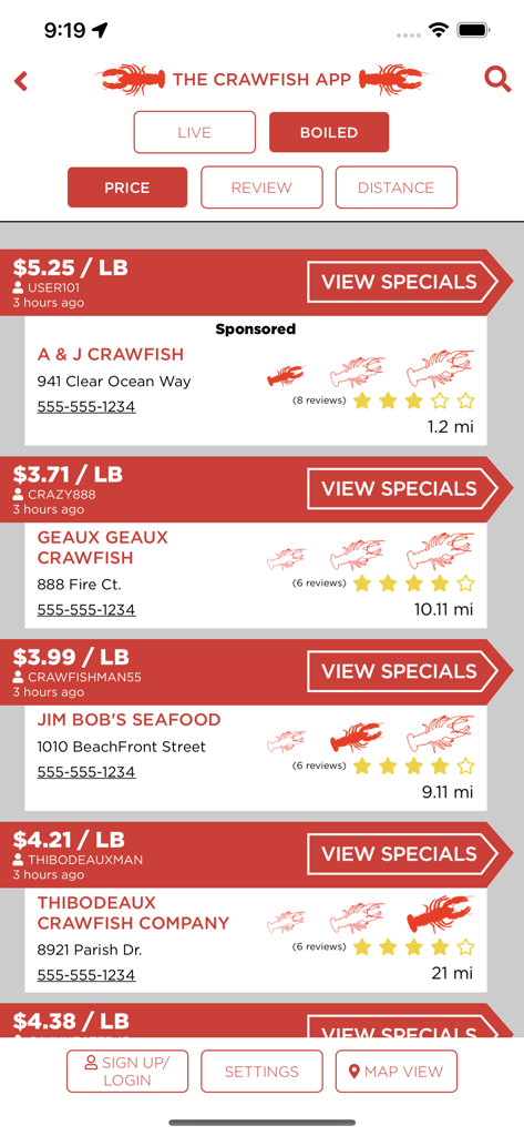 A list of local crawfish vendors with their prices per pound and reviews on The Crawfish App