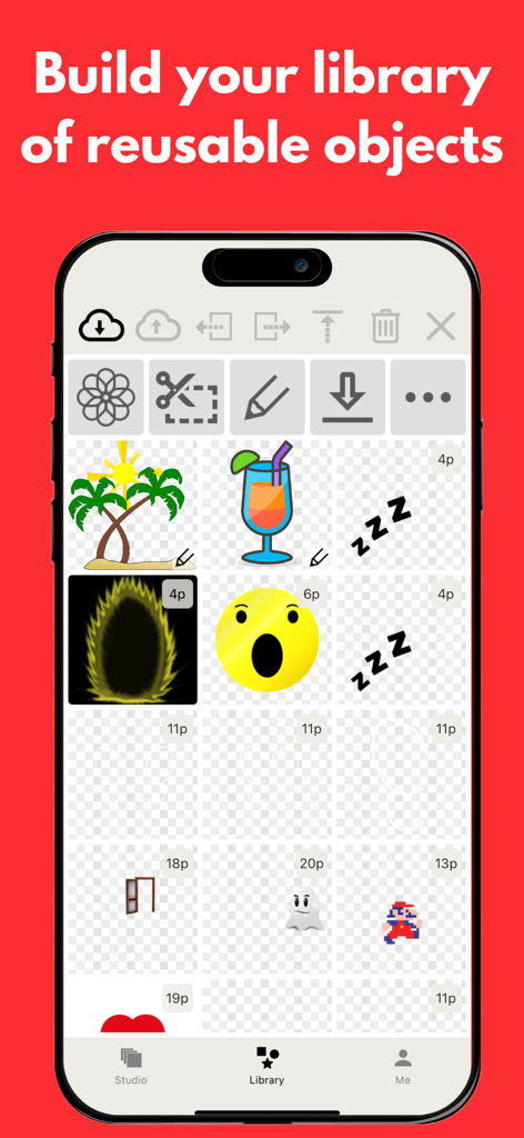 Animatives - stop motion maker - Interface showing the reusable objects library in the Animatives stop motion maker app