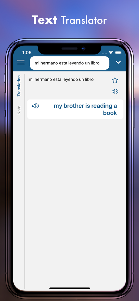 Spanish Plus Dict & Translator - Spanish to English text translation screen showing the sentence my brother is reading a book.