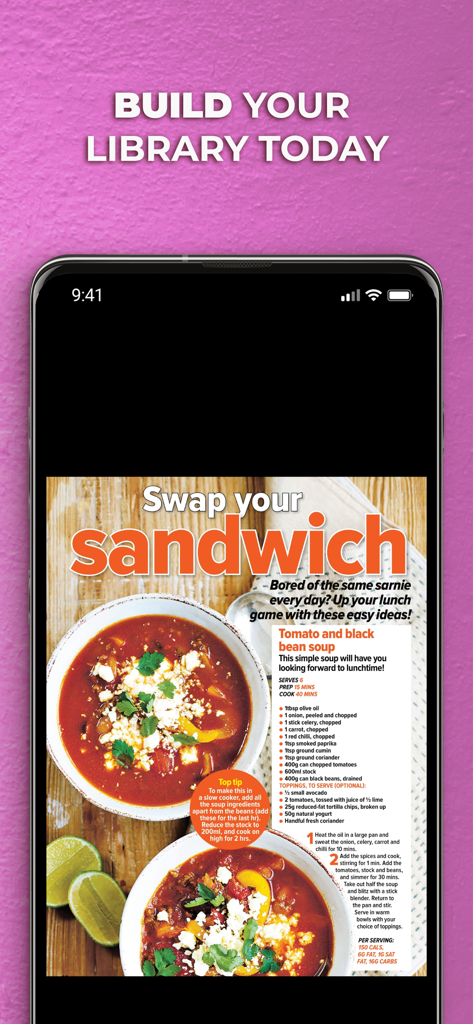 Chat Magazine - A digital recipe page for tomato and black bean soup in the Chat Magazine app.