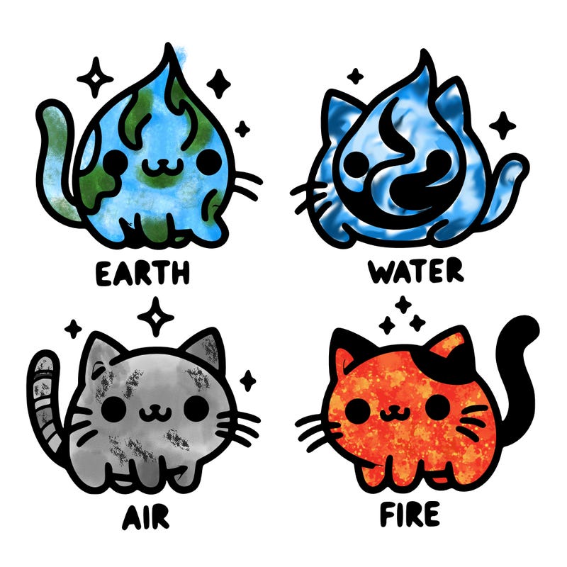 4 cats that represent the different elements, earth, water, air, and fire