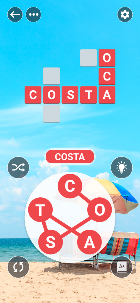 Spanish word search puzzle gameplay with a beach background.