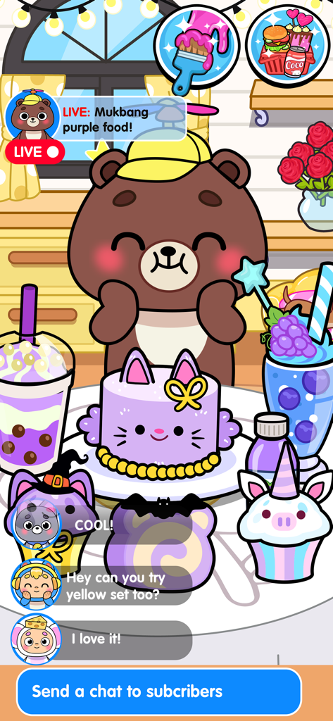 A cute bear character hosting a live mukbang stream with purple desserts and interactive comments
