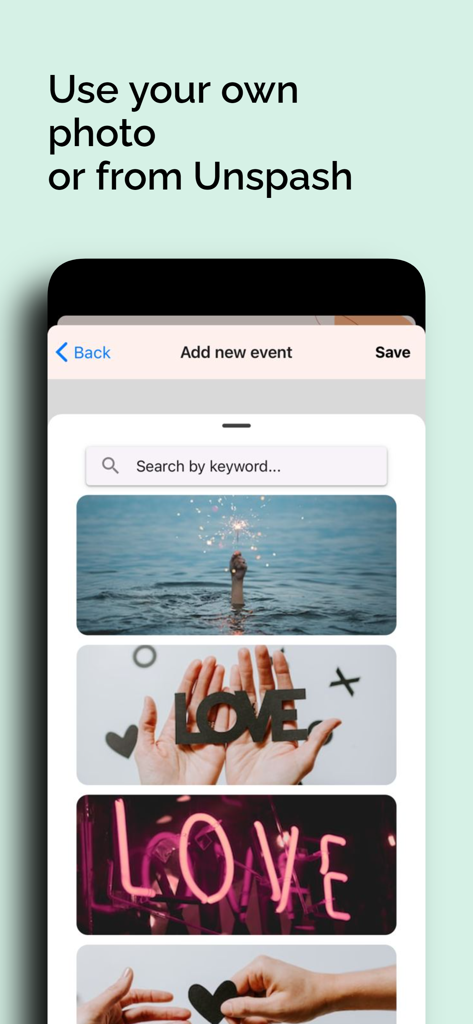 Days - Events Countdown - イベントカウントダウンのためにUnsplashからカスタム写真を選択するインターフェース。