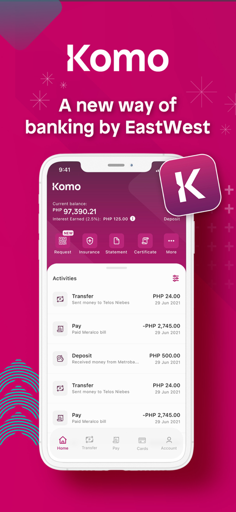 Komo by EastWest - Smartphone mostrando la pantalla de inicio de la banca digital Komo con saldo y transacciones