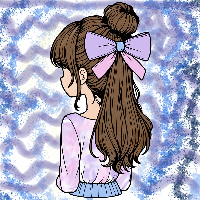 realistic girl  with hip length hair a bun and a big bow on the back of head