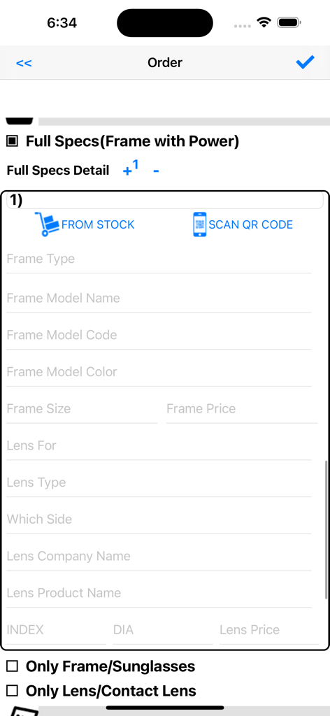 Order details screen in the Mobi Optical app showing fields for frame and lens specifications like model, size, and price.