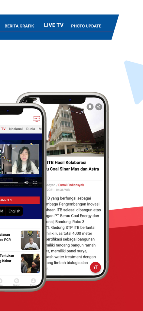 Interfaz de la aplicación BeritaSatu en iPhones mostrando transmisión de noticias en vivo y un artículo de noticias indonesio