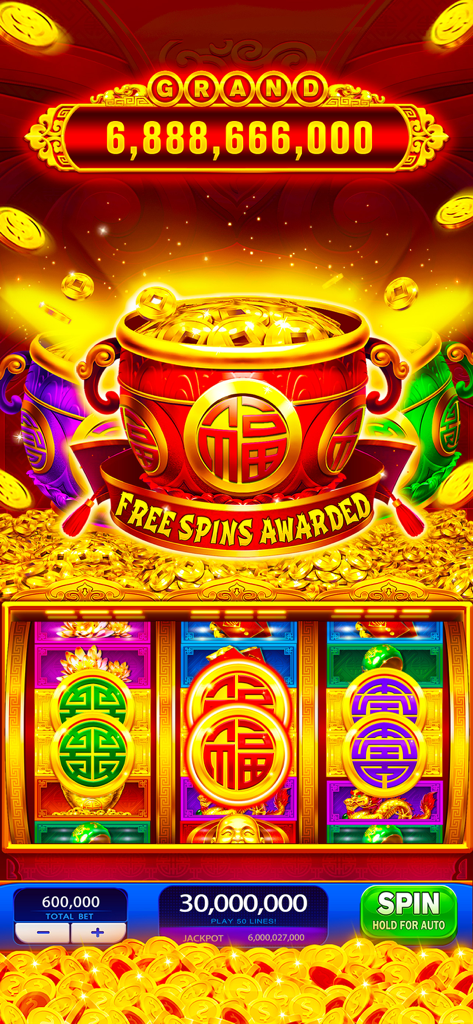 Pantalla de juego de Jackpot Casino Slots Party mostrando giros gratis otorgados y un gran jackpot principal.