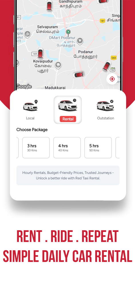 Red Taxi - Cab Booking App - Red Taxi Mobile App-Bildschirm mit stündlichen Mietwagenpaketen und einer Echtzeit-Karte der verfügbaren Taxis.