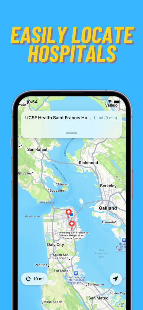 Allerly - Pantalla de teléfono inteligente que muestra el mapa de la aplicación Allerly para localizar hospitales cercanos equipados con sala de emergencias