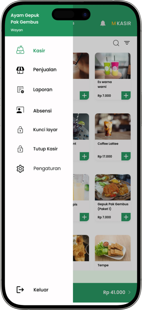 MKASIR - APLIKASI KASIR - MKASIR POS 모바일 앱 인터페이스에는 음식 항목 목록 위에 탐색 메뉴가 표시됩니다.