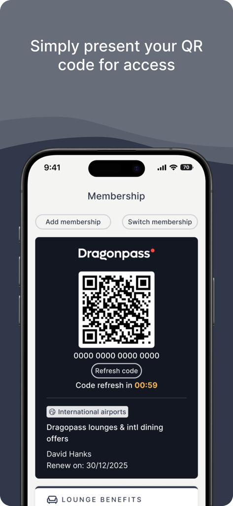 Investec InTransit - Investec InTransit app displaying a DragonPass digital membership QR code for airport lounge access