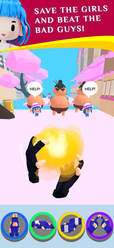 Ninja Hands - Vista en primera persona de gestos de mano ninja creando una bola de energía para rescatar personajes en Ninja Hands.