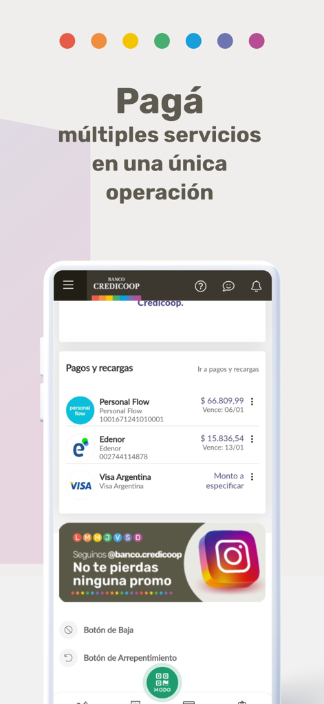 BANCA CREDICOOP - Pantalla móvil de la app Banca Credicoop mostrando la función de pago de facturas para múltiples servicios