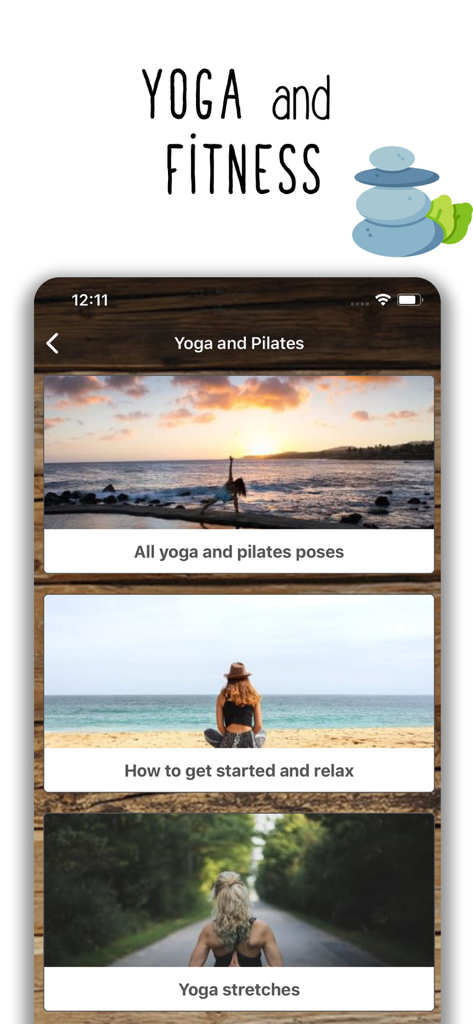 Natural Remedies: healthy life - Yoga and fitness categories screen in the Natural Remedies app showing pilates poses and yoga stretches