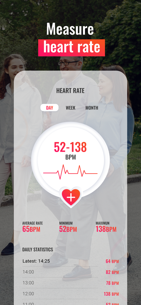 Heart rate monitoring screen showing daily bpm statistics for walking fitness