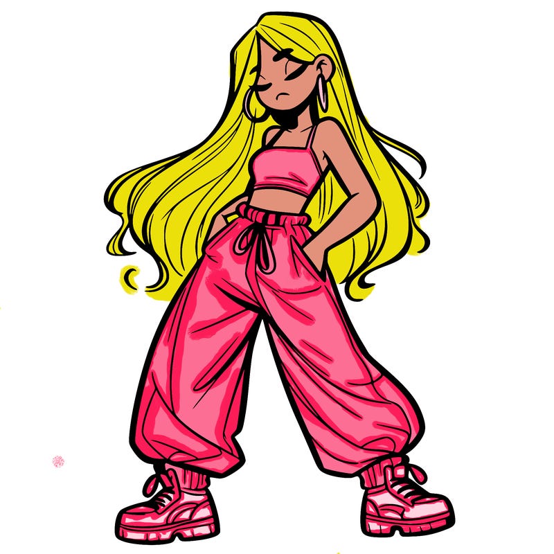 girl in baggy pants crop top and long hair