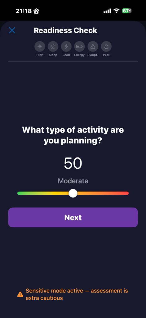 PaceME: Pacing & Energy - PaceME app readiness check screen showing an activity planning slider set to moderate with sensitive mode active warning