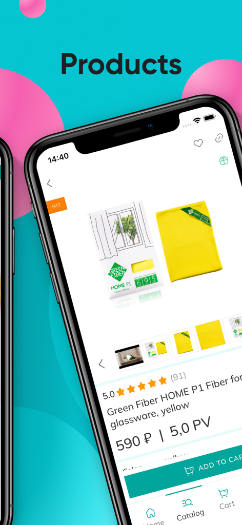 Interface do aplicativo Greenway Global mostrando um pano de limpeza amarelo Green Fiber para vidros