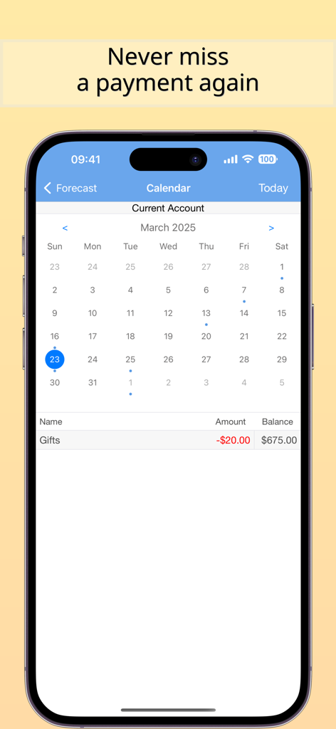 Vista de calendario en la aplicación Balance Guide que muestra los pagos de facturas programados y los saldos de las cuentas.