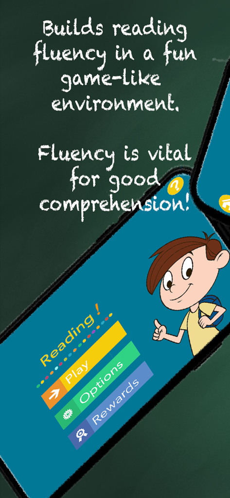 Reading Speed/Fluency Builder. - Main menu screen of the Reading Fluency Builder app featuring a cheerful cartoon character and play options.
