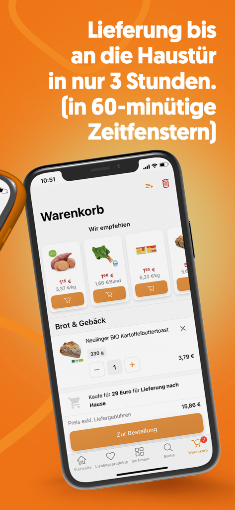 Knuspr.de - Tela do aplicativo móvel mostrando um carrinho de compras com produtos frescos e uma notificação de tempo de entrega de 3 horas.