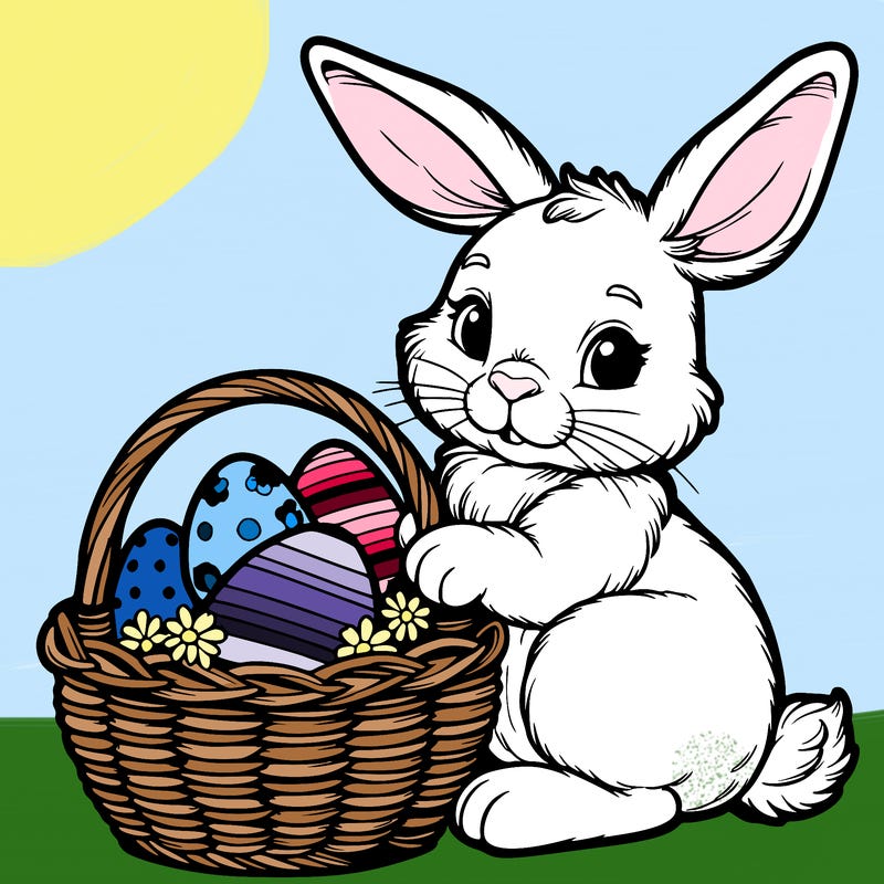 easter bunny with a basket with eggs realistic