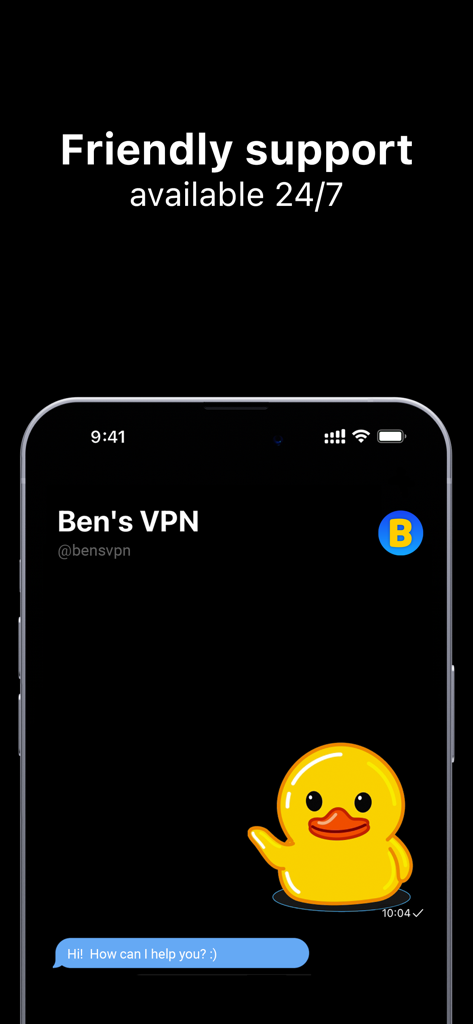 Bens VPN friendly 24/7 customer support chat with waving duck mascot
