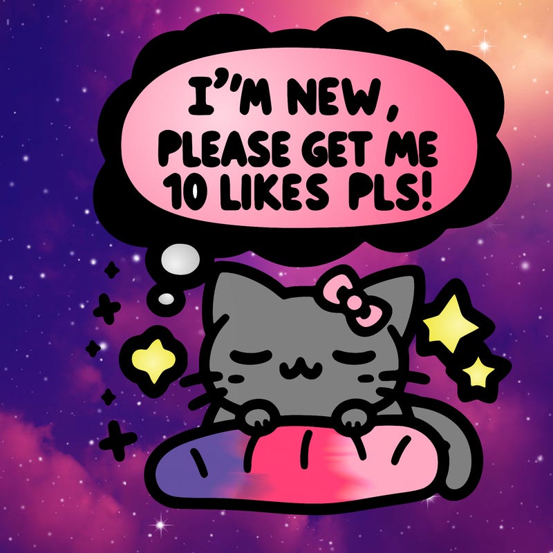 kitty taking a nap dream talking and saying "i'm new, please get me at least 10 likes pls!!"