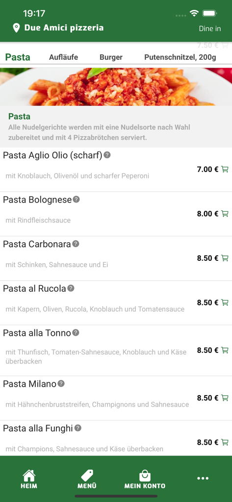 다양한 요리와 가격이 표시된 Due Amici Pizzeria 모바일 앱의 파스타 메뉴 인터페이스