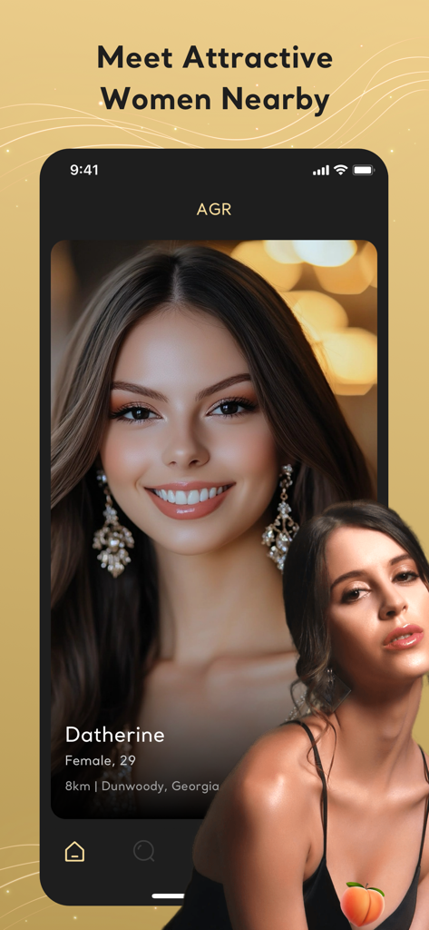 Elite Dating, Meet & Chat: AGR - Elite Dating AGR app interface showing a profile of an attractive young woman with the headline Meet Attractive Women Nearby
