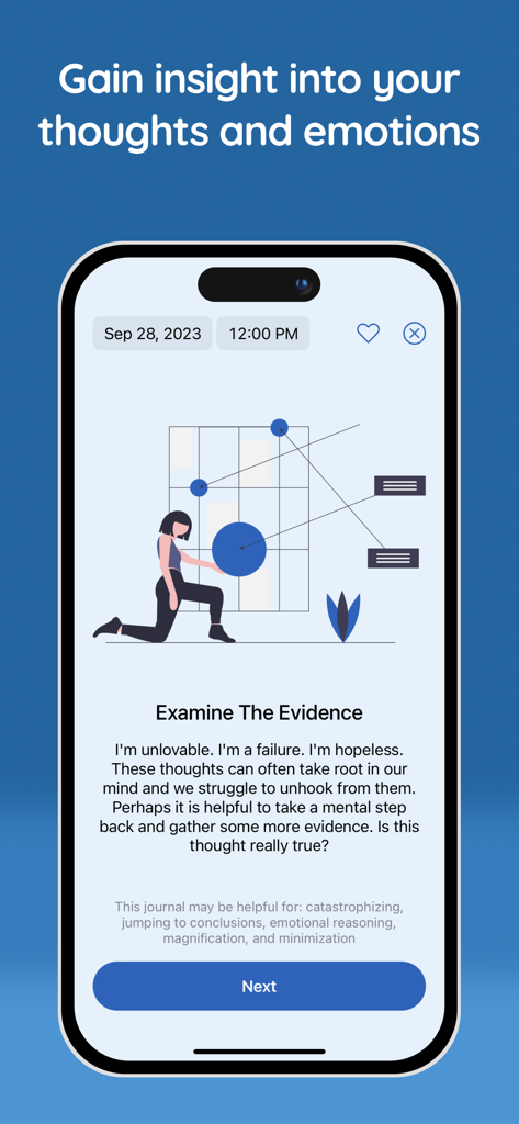 Interface de l'application Clarity montrant un exercice de TCC pour examiner les preuves et recadrer les pensées négatives.