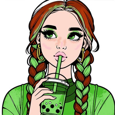 realistic girl with braided hair drinking boba