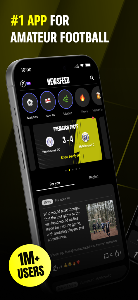 Prematch: Real Football - Prematchアプリのニュースフィードインターフェース。アマチュアサッカーの試合結果と選手スタッツを表示。