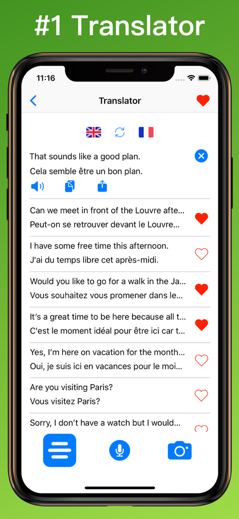 iPhone screen showing English to French phrase translations with voice and photo translator options.