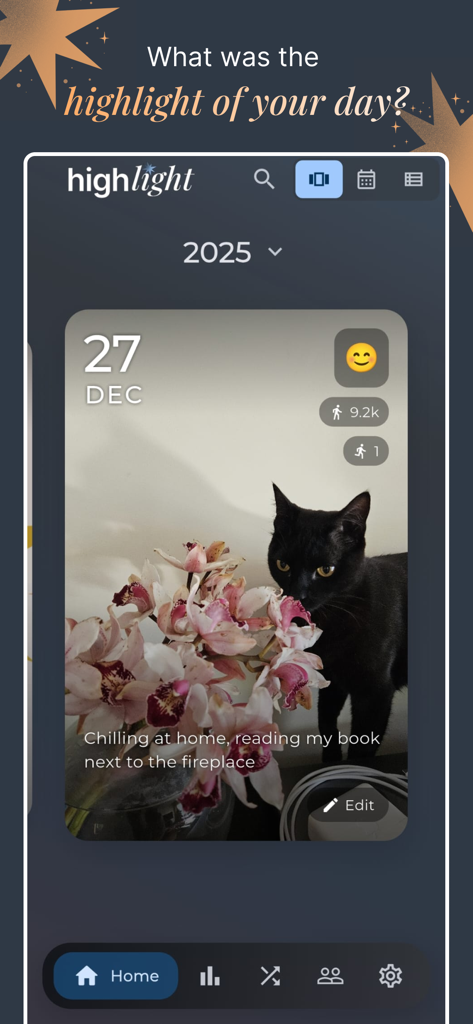 Highlight app screenshot showing a daily journal entry with a cat photo and step tracking data