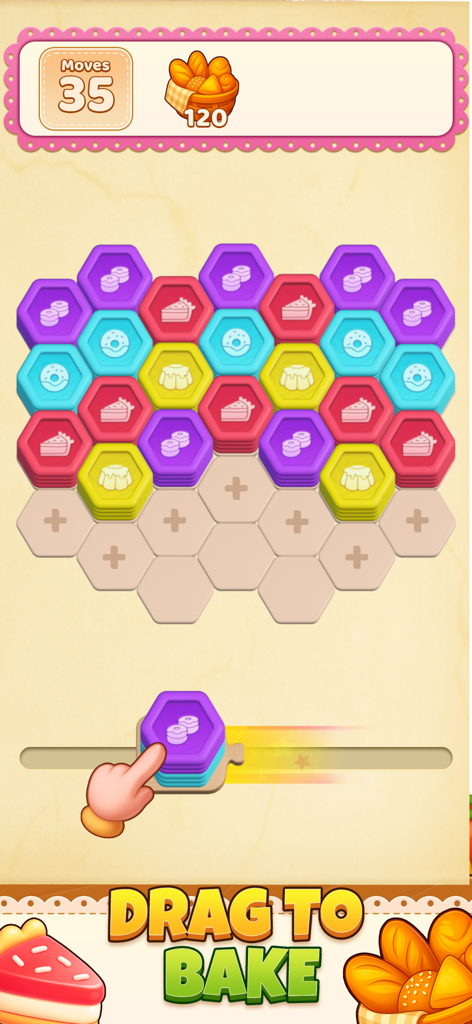 Cooking Blast 3D: Hexa Match - Gameplay of Cooking Blast 3D showing a hexagonal grid with bakery themed tiles and a hand dragging a tile stack.