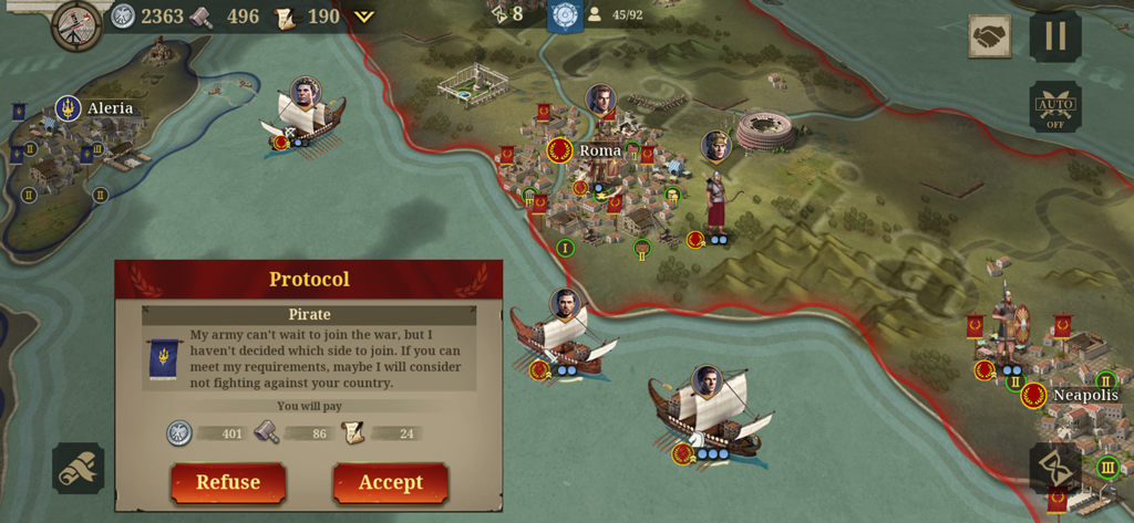 Great Conqueror: Rome - Strategic map of Italy with a diplomacy protocol pop up in Great Conqueror Rome