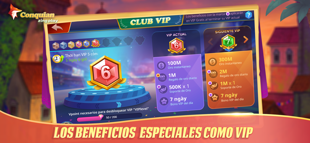 Captura de pantalla de la interfaz del Club VIP en ZingPlay Conquian mostrando niveles de membresía y beneficios de recompensa de oro.