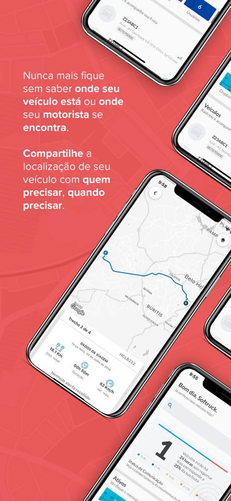 Localiza Rastreamento - Pantallas de la aplicación Localiza Rastreamento que muestran datos de rastreo GPS de vehículos en tiempo real e historial de viajes