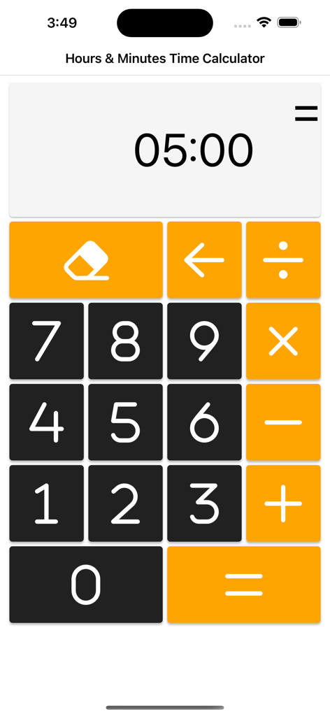 Interface of the Hours Minutes Calculator Lite app showing a time display of 05:00 and an orange and grey numeric keypad