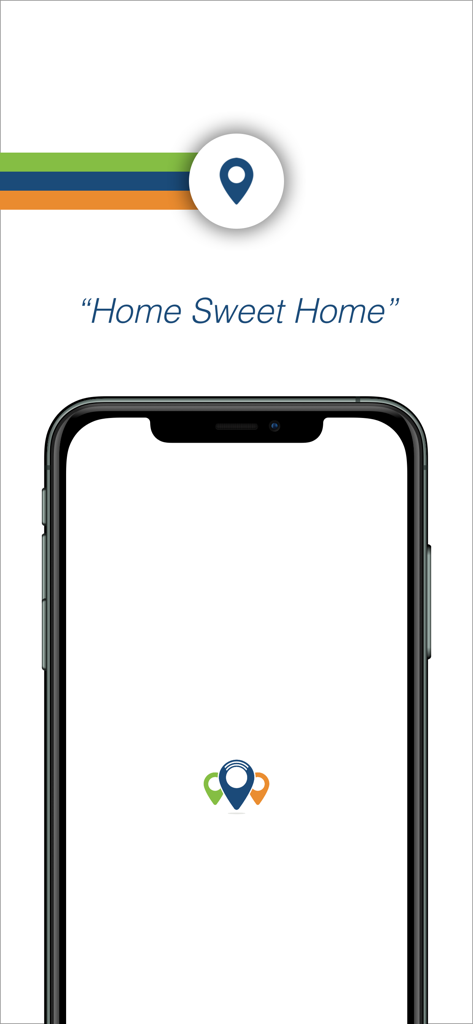 RollCall Parent - Pantalla de la aplicación RollCall Padres que muestra un pin de ubicación y el texto "Home Sweet Home".