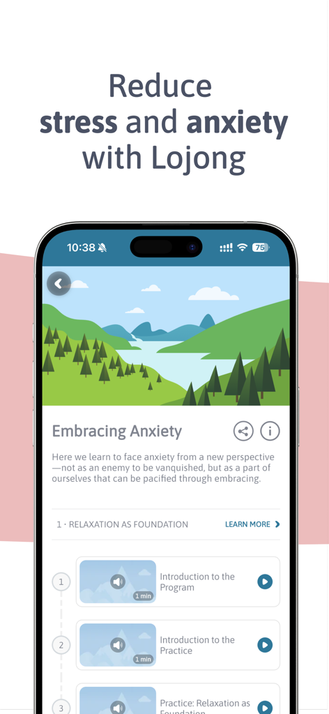 Interface do app Lojong para o programa de meditação Acolhendo a Ansiedade, apresentando uma ilustração de paisagem serena.