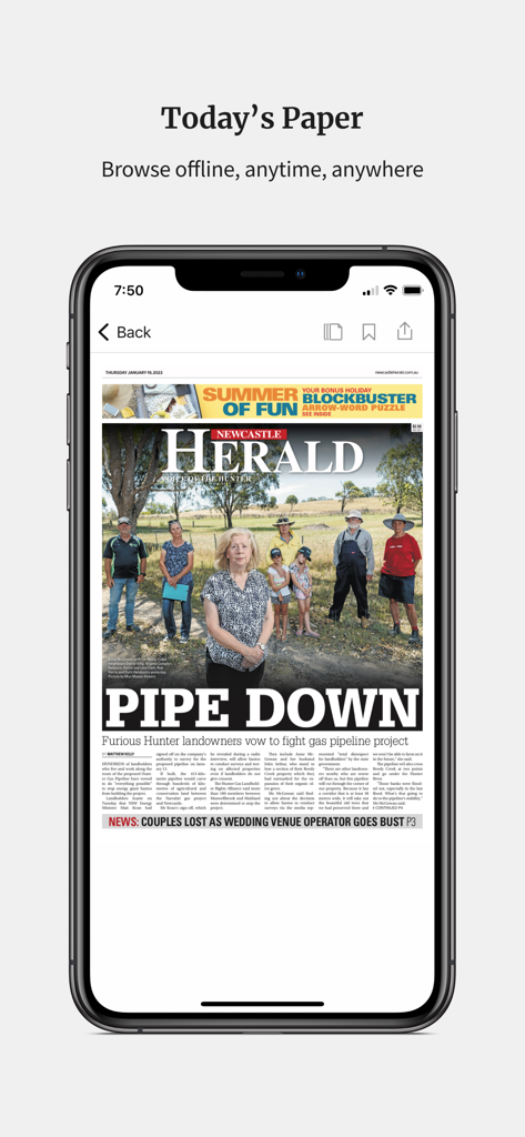 Newcastle Herald - Mobile phone screen showing the Newcastle Herald digital newspaper replica of Today's Paper.